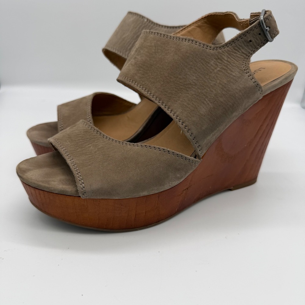Lucky Brand Lattela Womens‎ Taupe Leather Platform Wedge Sandals Wood Grain 9.5M
